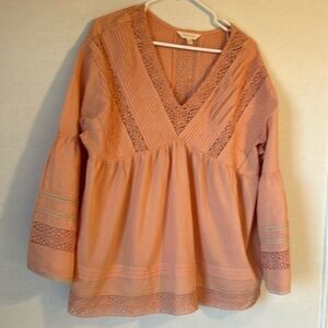 Adiva Romantic Lace Boho Bell Sleeve Ruched Prairie Cottagecore Blouse. Size XL